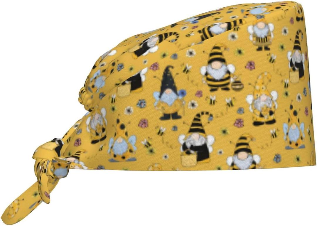 Working Cap Scrub Cap with Sweatband Adjustable Unisex Tie Back Hat for Cleaning Farm Nursing (One Size, Bee Gnome)