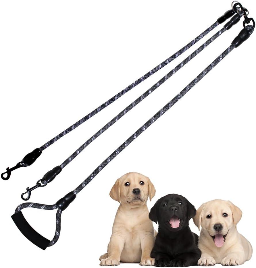Dual Dog Leash, Reflective Heavy Duty Two Dog Leash for Small Medium Large Dogs, 2 Dog Leashes, 360 Swivel Tangle Free with Comfortable Handle, Support Add to Multiple Rope, Black