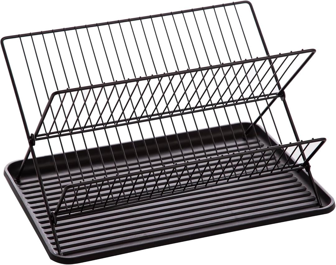 BINO 2-Tier Collapsible Dish Rack with Tray - Matte Black | Dish Drainer Kitchen Plate | Holders for Cups & Plates | Foldable Rack for Kitchen Countertop | Storage and Organization