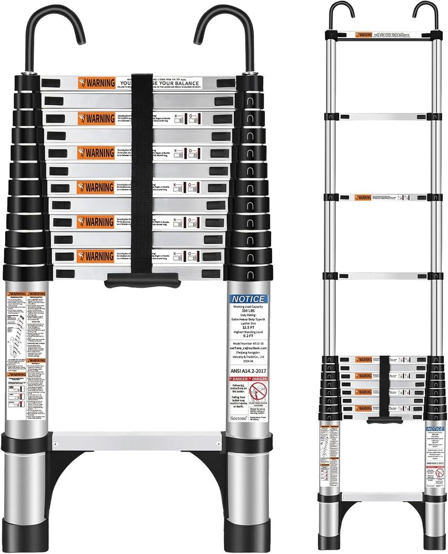 HBTower Telescoping Ladder, 12.5 FT Aluminum Extension Ladder with 2 Detachable Hooks, Heavy Duty 330lbs Max Capacity, Multi-Purpose Collapsible Ladder for RV, Household and Outdoor Working (12.5FT ( Hook))
