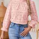 SOFIA'S CHOICE Women's Lace 3/4 Sleeve Shirts Crochet Eyelet Crew Neck Dressy Blouse Sheer Top (Pink, L)