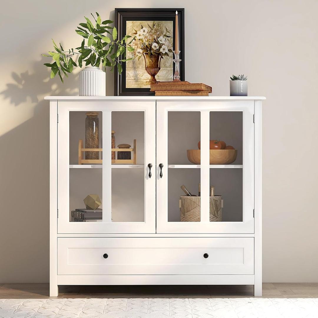 Sideboard Buffet Cabinet, Modern Wooden Kitchen Storage Cabinet with White 2 Glass Doors & Large Drawers, Accent Coffee Bar Console Table for Living Room, Dining Room, Hallway