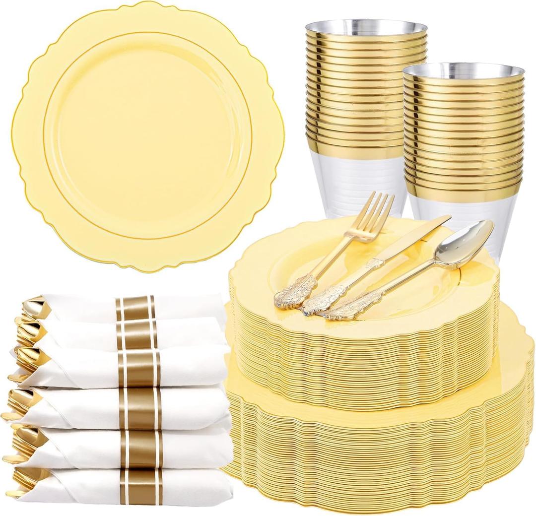 Liacere 350PCS Yellow Plates - Yellow Disposable Plastic Plates With Gold Rim-50Guest Plastic Dinnerware include 100 Plates,50 Pack Pre Rolled Napkins with Silverware 50Cups for WeddingMother's Day