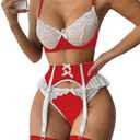 WDIRARA Women's 6 Piece Set Floral Lace Bow Front Colorblock Underwire Garter Lingerie Set with Choker with Stocking XL