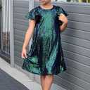 GRACE KARIN Girls Sequin Dress Short Flutter Sleeve Flare Silhouette Midi Dress with Hairbow 5-12Y (5-6 Years, Green on Black)