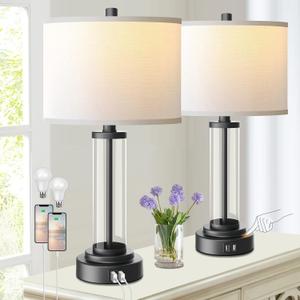 QiMH Touch Control Table Lamps Set of 2 with USB Ports, 3-Way Dimmable Bedside Lamp for Living Room Bedroom House, Modern Nightstand Lamp with 2 LED Bulbs(Black)