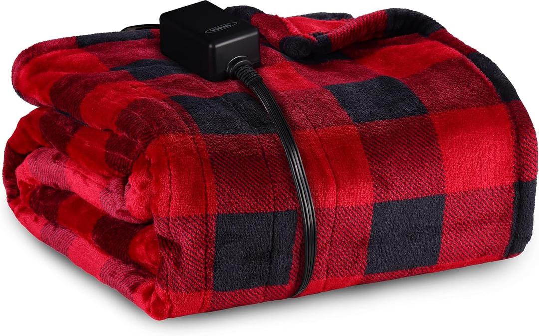 HEYNEMO Heated Blanket 50" x 60",Microplush Flannel Electric Blanket for 89F-108F,10 Heating Levels Heating Blanket & 1-12 Hours Auto Shut Off,Black and Red