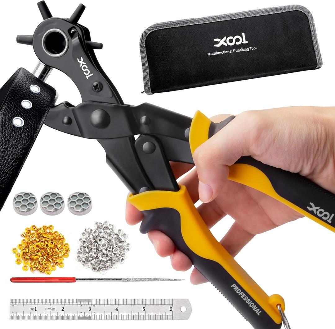 XOOL 2 in 1 Leather Hole Punch Eyelet Tool Kit, 3/16" 4.5mm Metal Eyelets for Fabric, Hole Puncher, Eyelet Pliers for Shoes Leather Clothes Belt