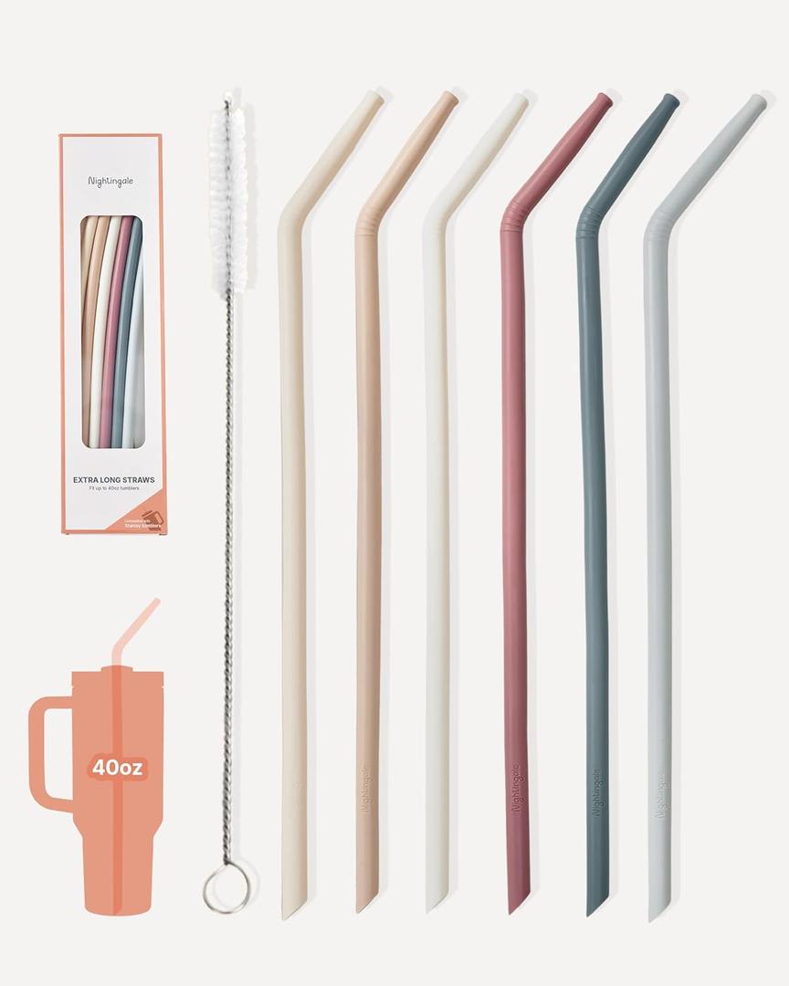 Nightingale 14 Silicone Tumbler Straws - Compatible with Stanley 40 oz cup - Reusable Flexible Long Bendy Drinking Straw with Cleaning Brush for Tall Tumblers - Food-Safe - Set of 6 Oak