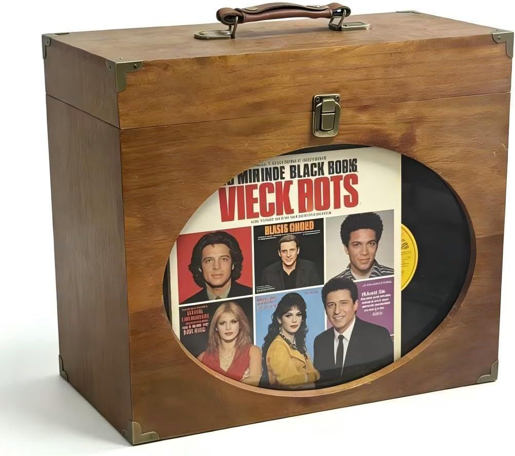 Vinyl Record Storage Case,Wood Record box with Display Window,Leather Handle and Metal Corners,Vinyl Storage Box Fits 7-10 Inch, Holds 30-35 Albums, Practical for Personal Use,Or as A Gift (Brown)