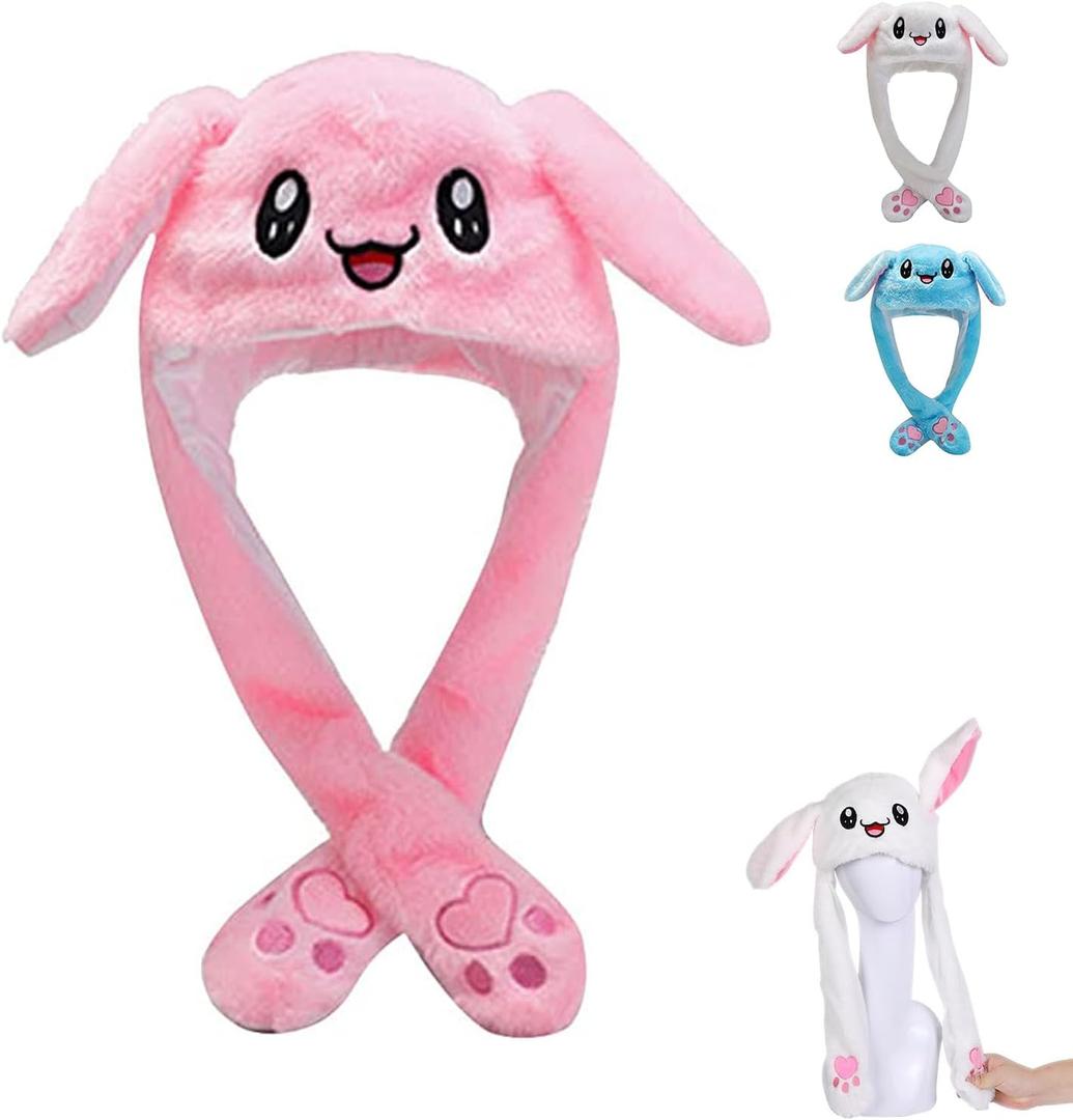 3 x Bunny Hat, Ear Moving Jumping Funny Plush Cap for Cosplay Dress Up Party Holiday, Easter Rabbit Ear Flap Cap
