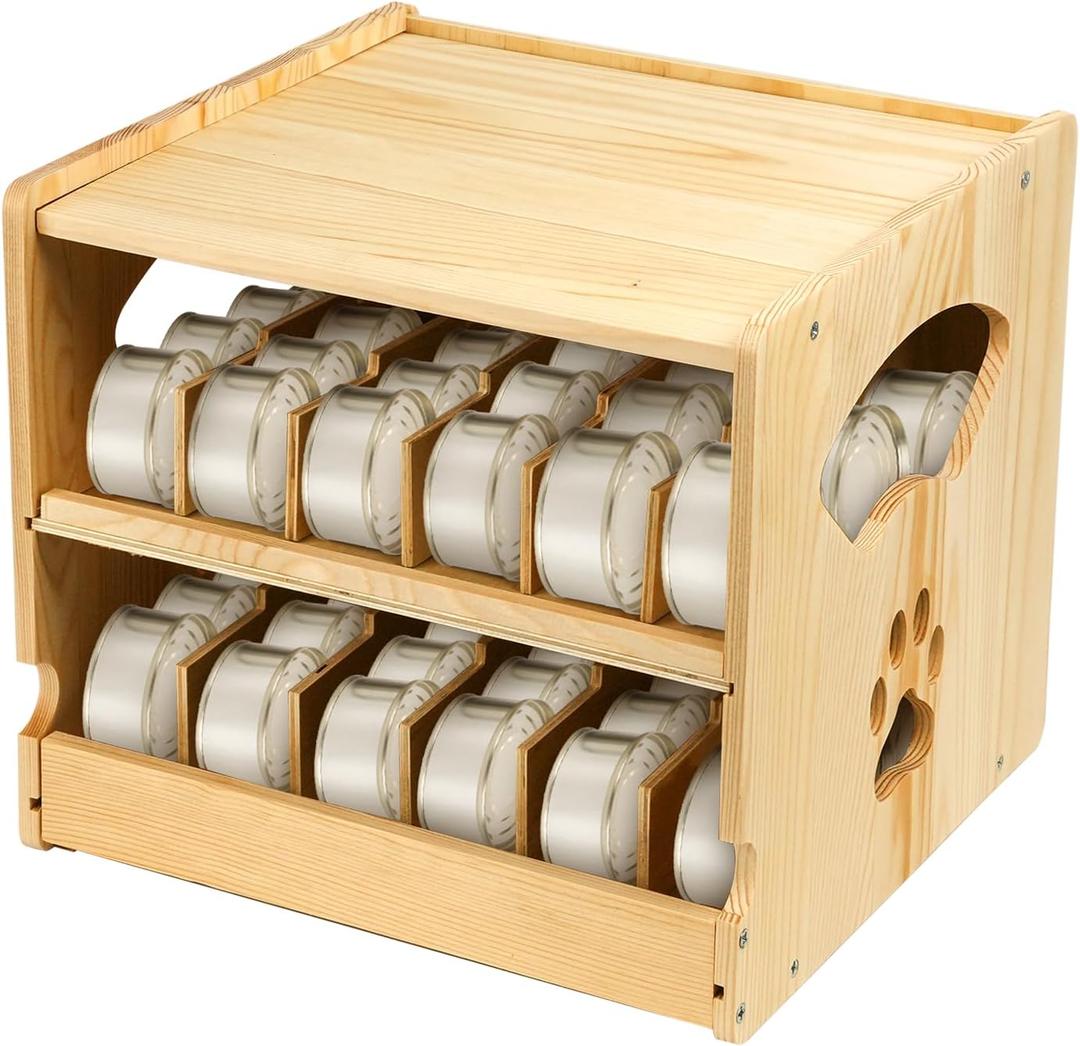 Cat Food Cans Storage Organizer, 2 Tier Stackable wood Can Storage, Can Organizer for Fridge,Cabinet,Kitchen, Holds 36 (3oz) Human and Pet Food Cans (FIFO)