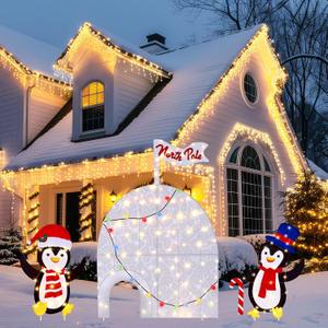 GlikCeil 4 Pcs Lighted Christmas Penguin Decorations Set 35" 2D North Pole Ice House Penguins North Pole Christmas Flag with LED Lights Plug in for Indoor Outdoor Xmas Winter Holiday Garden Yard Lawn