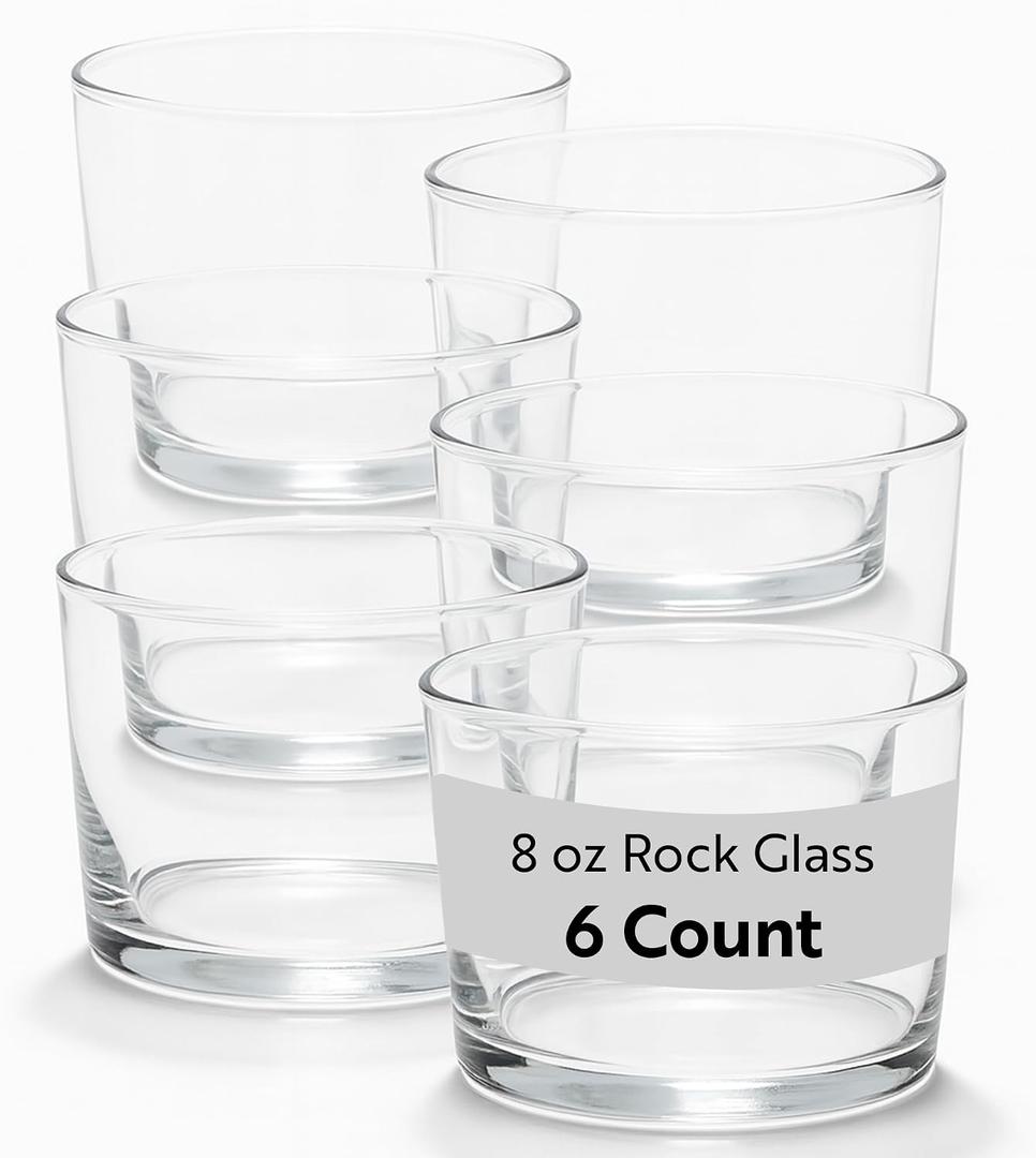 Restaurantware Sumi 7.5 Ounce Rocks Glasses Set of 6 Fine-Blown Lowball Glasses - Tempered Dishwasher-Safe Glassware Clear Glass Whiskey Glasses Serve Cocktails and Liquors For Bars or Homes