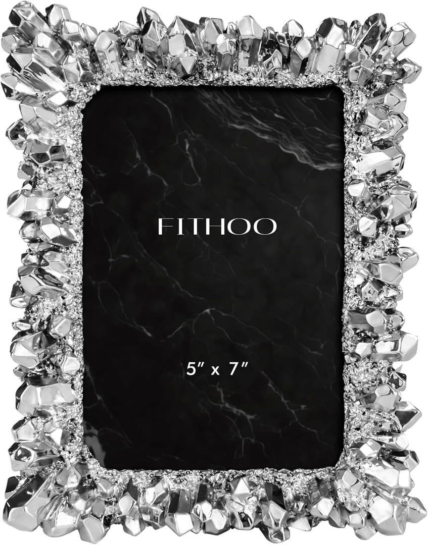 5x7 Picture Frame Crystal Cluster Vintage Photo Frame with High Definition Glass Antique Display Holder for Tabletop Wall Hanging (Silver)
