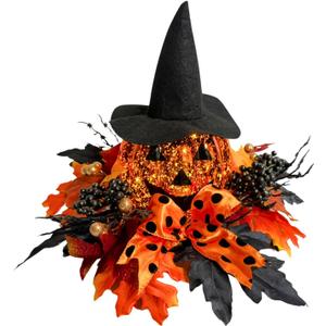 Lighted Harvest Pumpkin Table Decoration Indoor Outdoor Table Centerpiece with Maple Leaves Black Berries and Witch Hat for Fall Table Centerpieces Thanksgiving Halloween Decor