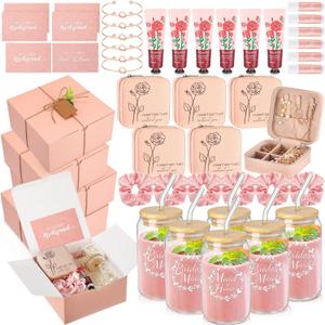 6 Sets Baby Shower Prizes for Game Winners, Baby Shower Favors Including Glass Cup Scented Candles Hand Cream Pens Gift Box with Raffia for Gender Reveal Wedding Bridal Party Prizes (Pink)