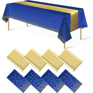 8Pack Disposable Plastic Tablecloths and Satin Table Runner Set Blue and Gold Dot Tablecloth Gold Satin Table Runner for Wedding Birthday Baby Shower Anniversary Christmas New Year Party Decorations