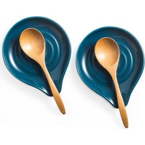 LAUCHUH Spoon Rest for Stove Top, Ceramic Spoon Holder for Kitchen Counter Large Spatula Holder for Spoons, Ladles, Tongs, Christmas Decor, Set of 2, 5 inch, Blue