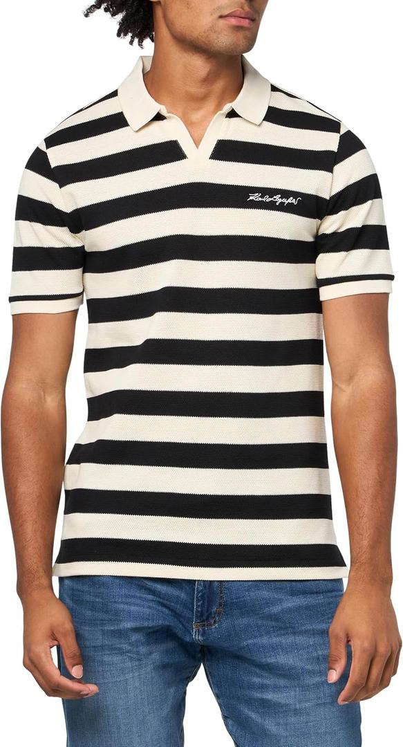Karl Lagerfeld Men's Collared Striped Knit Short Sleeve Polo (Blue, XXL)