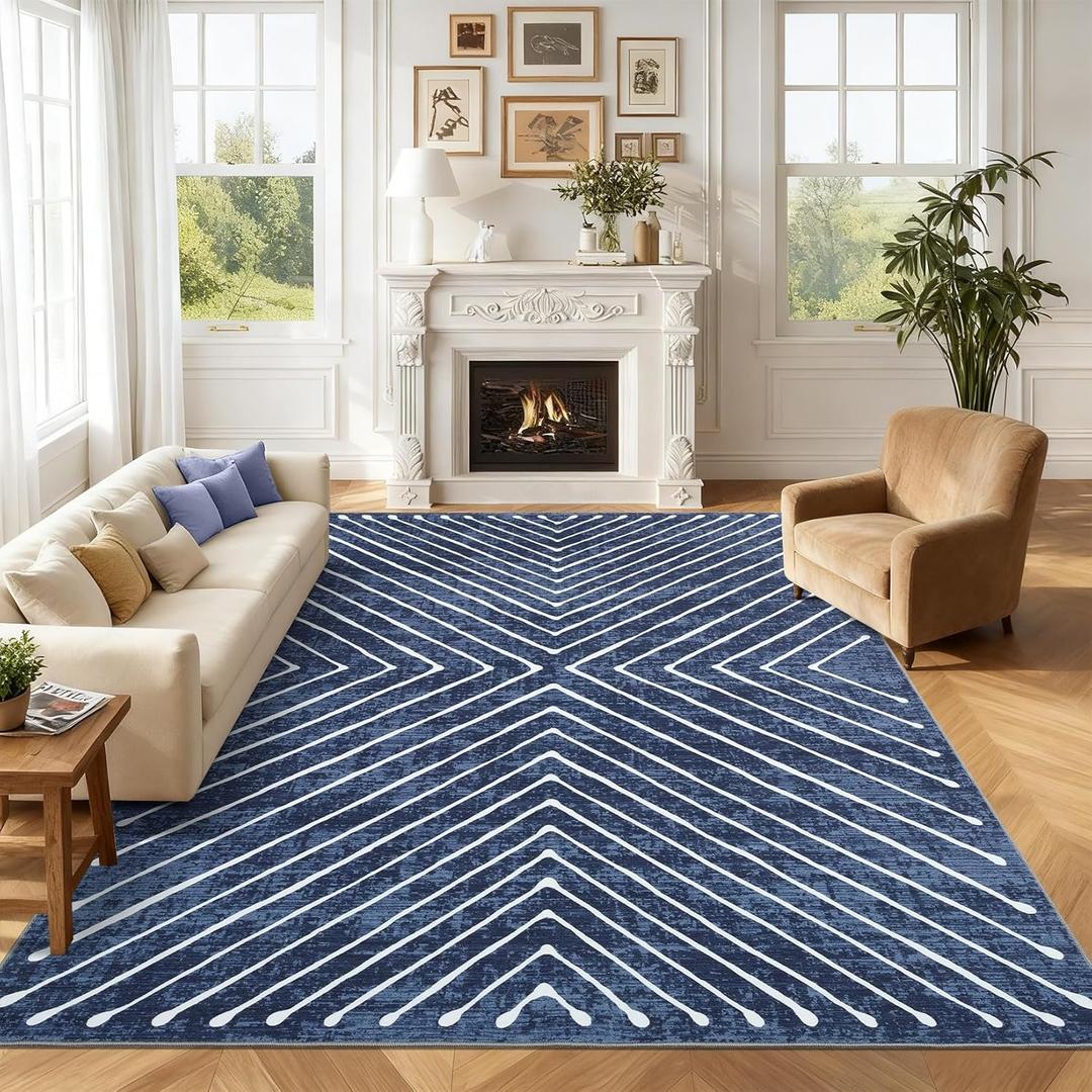 ROYHOME Area Rug 9x12 Living Room Rug Non Slip Modern Bedroom Stain Resistant Dining Room Throw Rug Geometric Area Rug Low Pile Untra Soft Contemporary Accent Carpet for Home Office, Navy