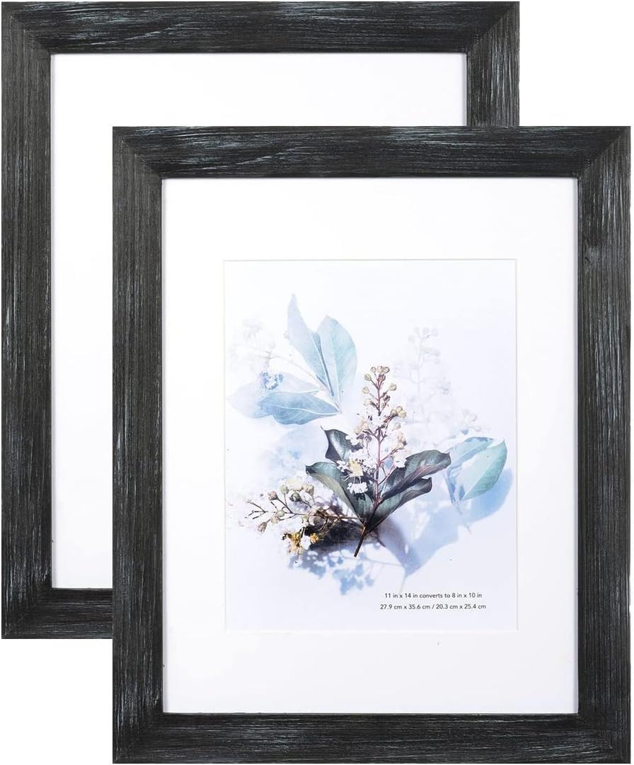 KAIWIN 100% Solid Wood Black 11x14 Picture Frame 2 Pack Display Picture 8x10 with Mat, Rustic Wooden Photo Frames for Wall Mounting