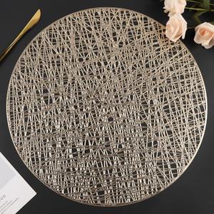 Placemats Set of 6, Round Placemats Gold 15 Inch Washable Vinyl Place Mats Dining Table Mats for Wedding Party Kitchen Decorations
