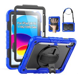 SEYMAC Case for iPad (A16) 11th/10th Generation 2025/2022 (11/10.9), Sturdy Heavy Duty Full-Body Shockproof Protective Case with Screen Protector, Rotating Stand, Hand/Shoulder Strap, Black/Blue