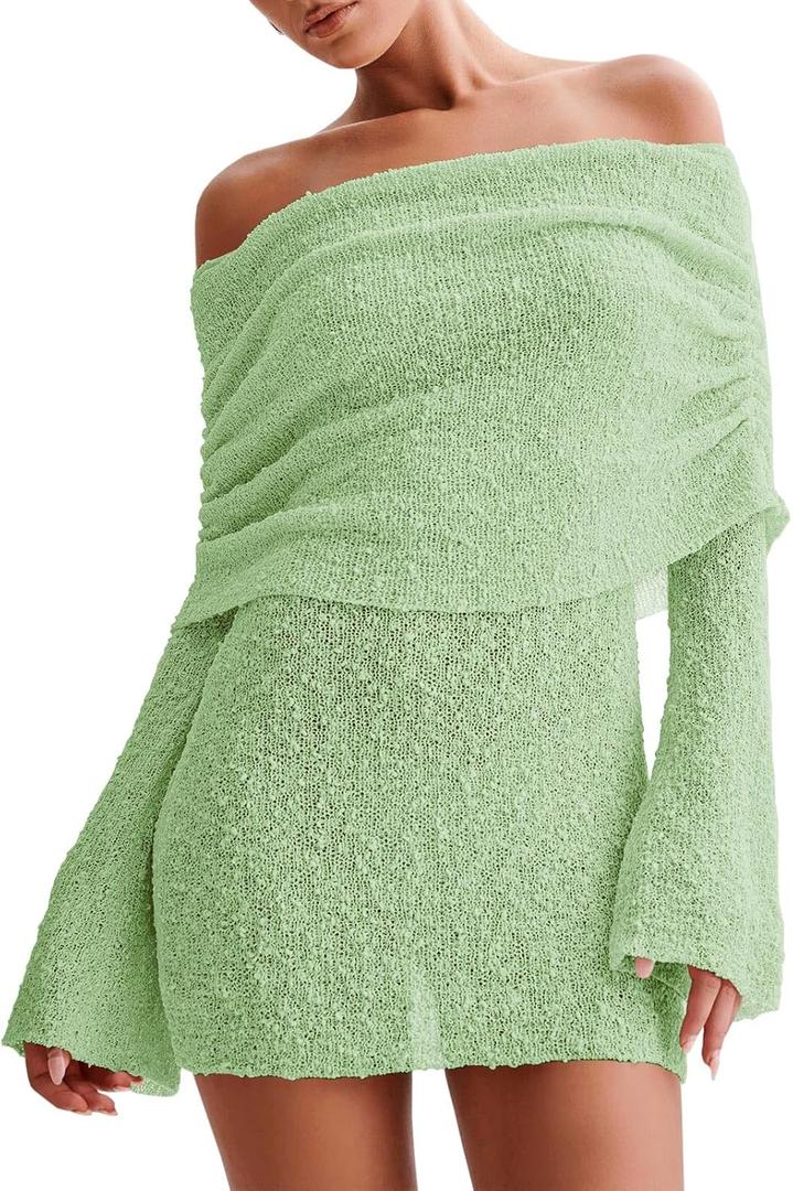Imily Bela Womens Beach Swimsuit Cover Ups Summer Off The Shoulder Long Bell Sleeve Sheer Mini Dress (Large, Mint Color)