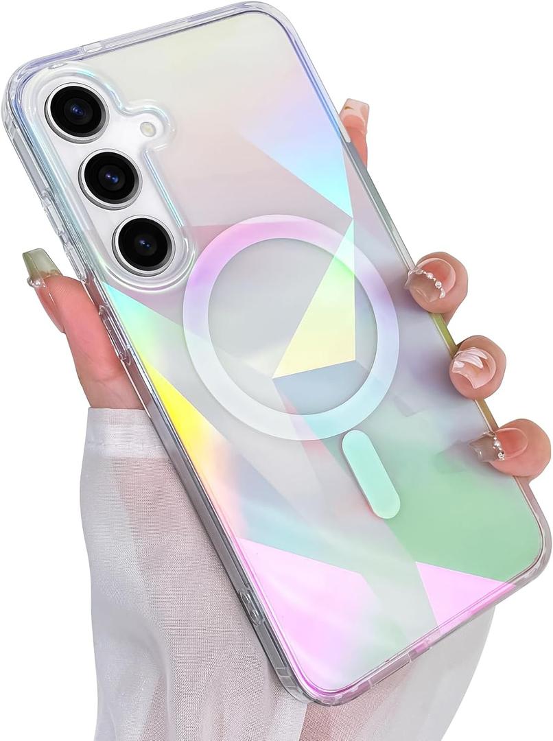 Cute Case for Samsung Galaxy S24 FE Case for Women Girls [ Compatible with Magsafe ] Clear Glitter Girly Aesthetic Rainbow Sparkly Bling Magnetic Phone Cover, Iridescent Geometry