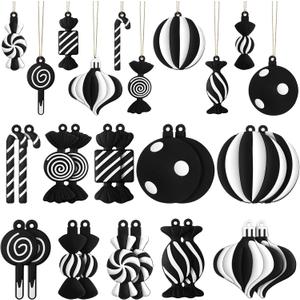 Panelee 20 Pcs Christmas Candy Tree Ornaments PVC Christmas Candy Cane Lollipop Ornament Xmas Hanging Decors Birthday Party Decoration Crafts for Holiday Xmas Tree Party (Black and White)