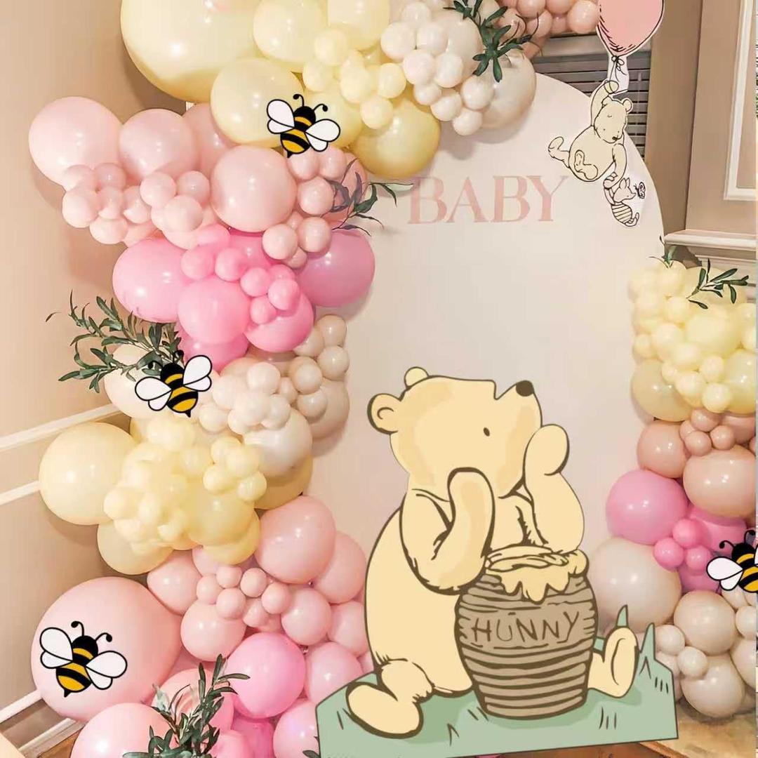 131PCS Pink Winnie Baby Shower Birthday Decorations for Girl Large Winnie Cutouts Stand Up, Pooh Balloons Arch & Bee Stickers for Gender Reveal, First Birthday, Photo Props & Newborn Party
