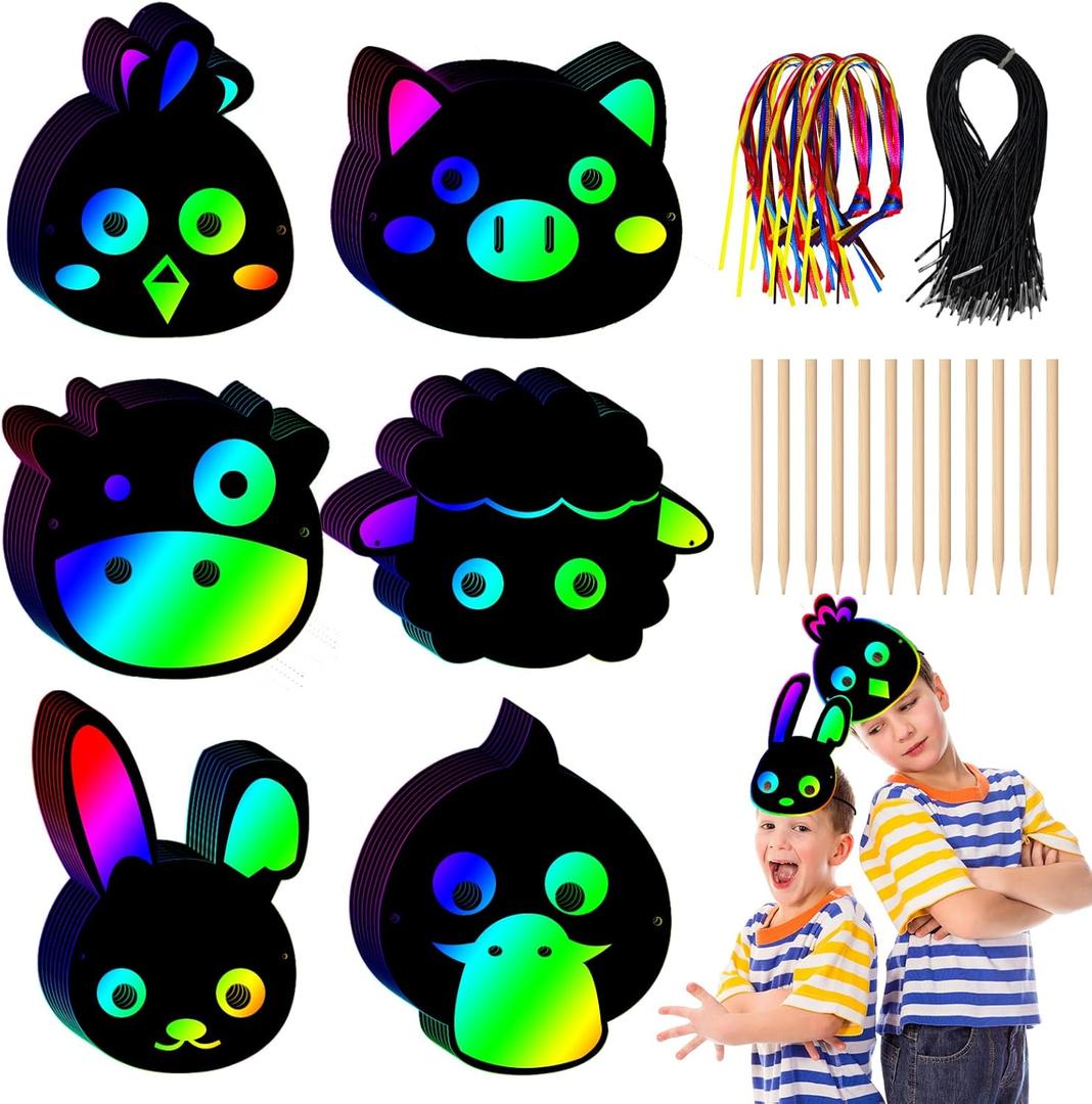 UgyDuky 60PCS Farm Animal Scratch Bookmarks, Rainbow Scratch Art, DIY Rainbow Paper Cards Craft Kit Birthday Decorations, Pet Magic Art Project Party Favors