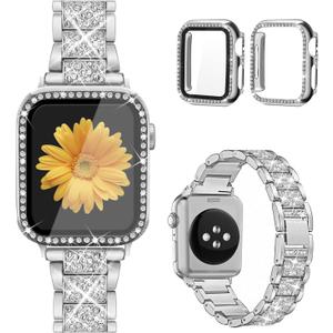 Mesime Compatible for Apple Watch Band with Screen Protector Case, Jewelry Replacement Bands 45mm 2 Pack Protective Cover for iWatch Series 9/8/7 Women (Silver)