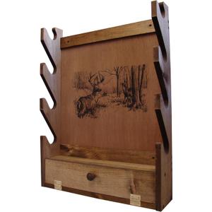 Four-Gun Fully Assembled Wall Mount Wooden Gun Display Rack with Cabinet Storage Compartment for Accessories - Deer Print