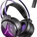 Wireless Gaming Headset for PC,Laptop,Ps4, Ps5, Switch,Noise Cancelling Over Ear Headphones with Mic,RGB Light, Soft Memory Earmuffs-Black Purple