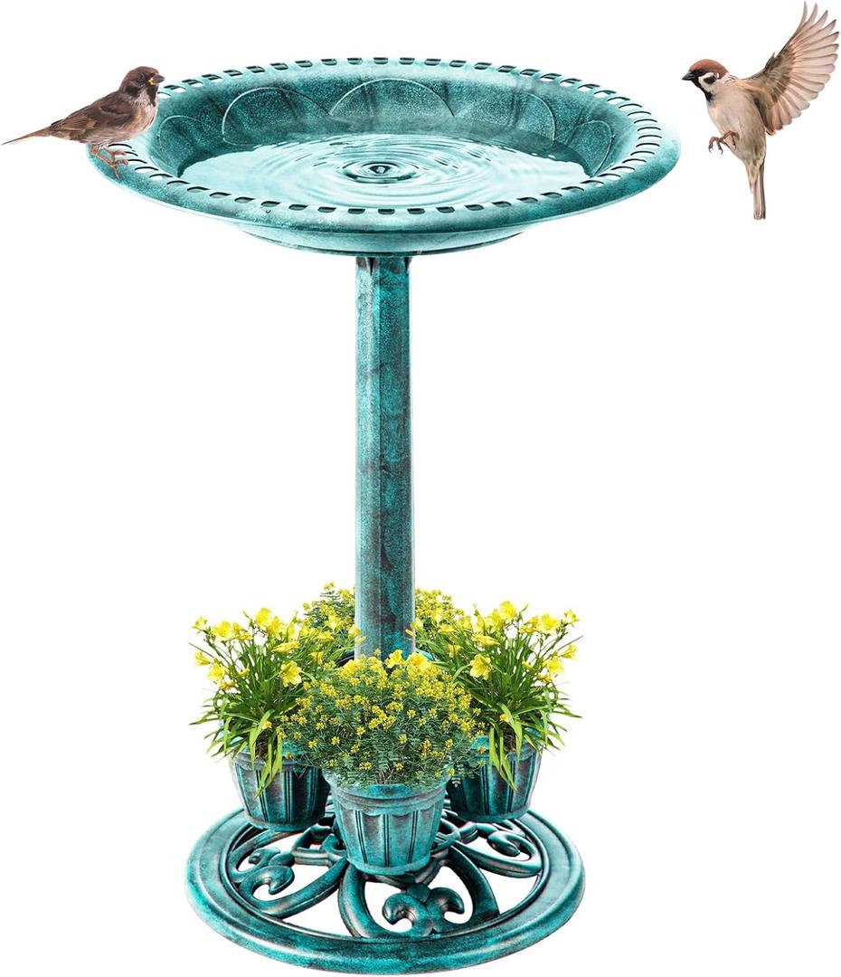 Demeyad Bird Bath for Outside with 4 Removable Flower Planters 28in Polyresin Lightweight Vintage Birdbath Stake Standing Bowl and Water Feeder Yard Gardan Decor Green