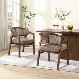 Christopher Knight Home Modern Wooden Dining Chairs Set of 2, Fabric Upholstered Kitchen Side Armchairs, Living Room Comfy Reading Chair with Curved Rattan Back, Light Ash+Beige, 22.25"W x 24.75"D x 33.50"H