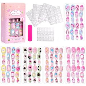 120 PCS Press On Nails for Kids, Full Cover Girl Fake Nails, Short False Nail Stick On Nail for Kid, Suitable for Kid Sleepovers Stuff with Fingernail File and 60Pcs Adhesive Tabs.02, Set of 2