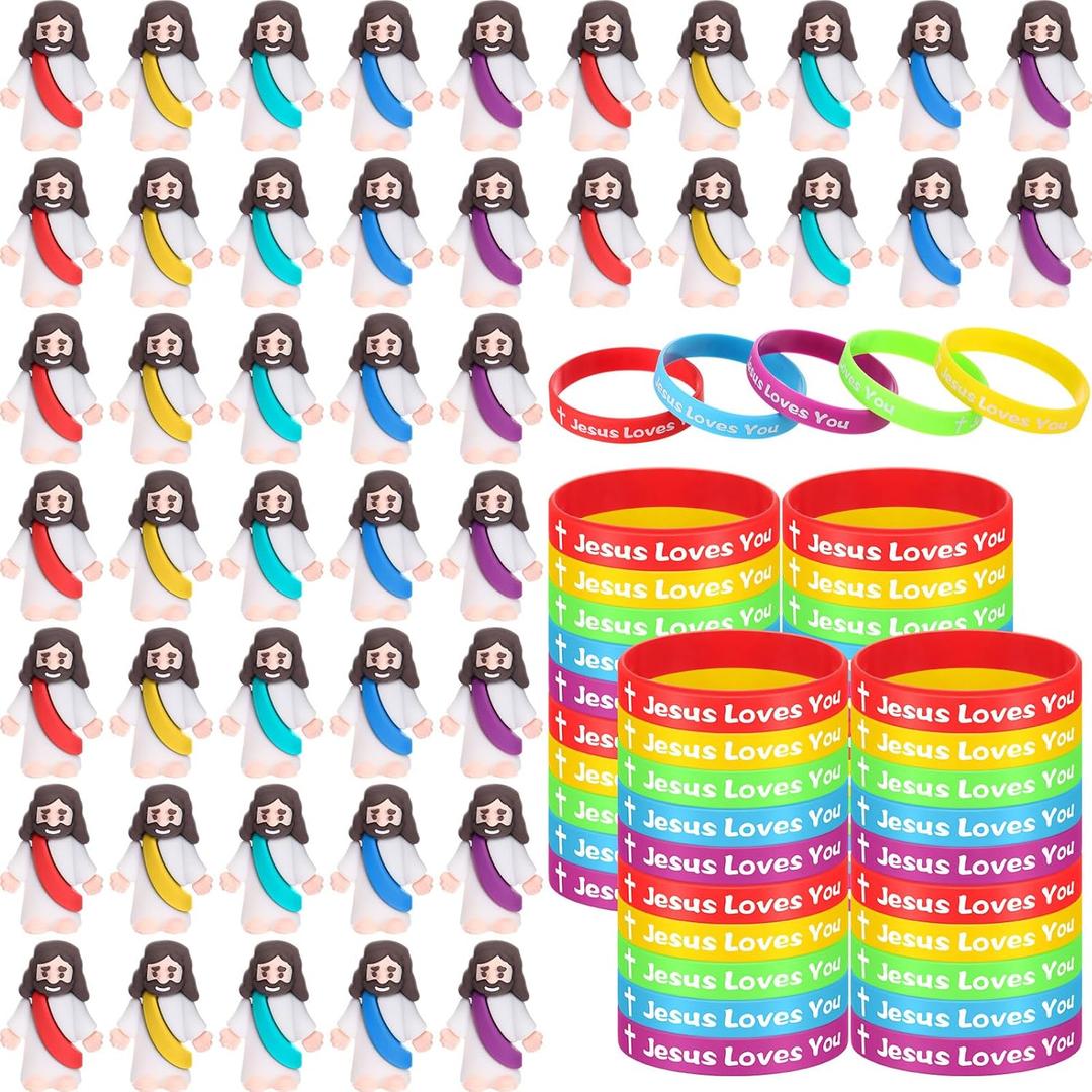 Barydat 100 Pcs Easter Jesus Toys Little Mini Jesus Figures Jesus Loves You Silicone Bracelets Easter Christian Wristbands Bible Verse Bracelets for Sunday School Religious Baptism