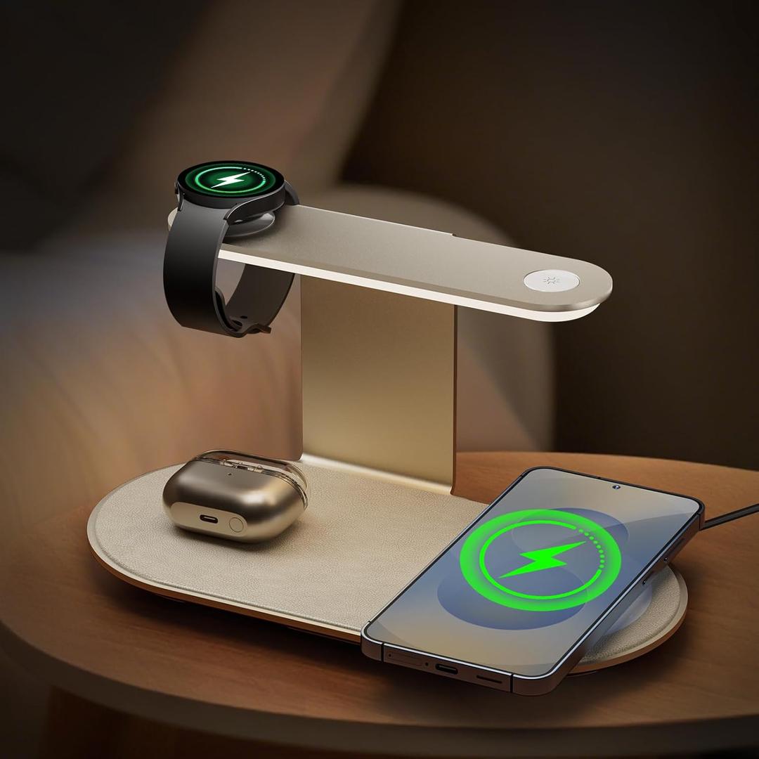 Aluminum 4-in-1 Charging Station for Samsung/Android with 3-Level Night Light, 18W Wireless Charger for Galaxy S25 Ultra/S24/S23/S22/Note 20,Galaxy Watch Ultra/8/7,Galaxy Buds 3 Pro(Starlight)