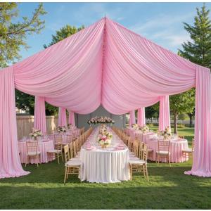PartyVillage 10ftx40ft Baby Pink Ceiling Curtain for Wedding Parties  2 Panels Wrinkle-Free 40 FT Long Tent Draping Curtains for Wedding, Birthday & Theme Parties, 40ft Height with Rod Pocket
