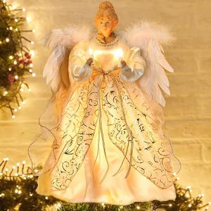Christmas Angel Tree Topper with Feather Wings, Plug in Christmas Tree Ornament for Indoor Office Xmas New Year Holiday Tree Decoration