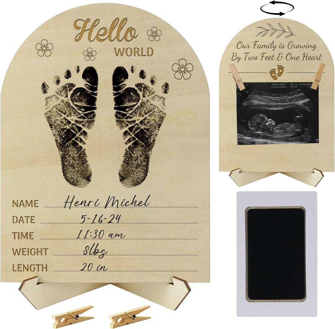 Heartfelt Baby Announcement Sign & Hello World Newborn Sign with Mess-Free Ink Pad for Hand & Footprints, Welcome Plaque & Baby Shower Stand with Premium Wooden Ultrasound Picture Frame Keepsake