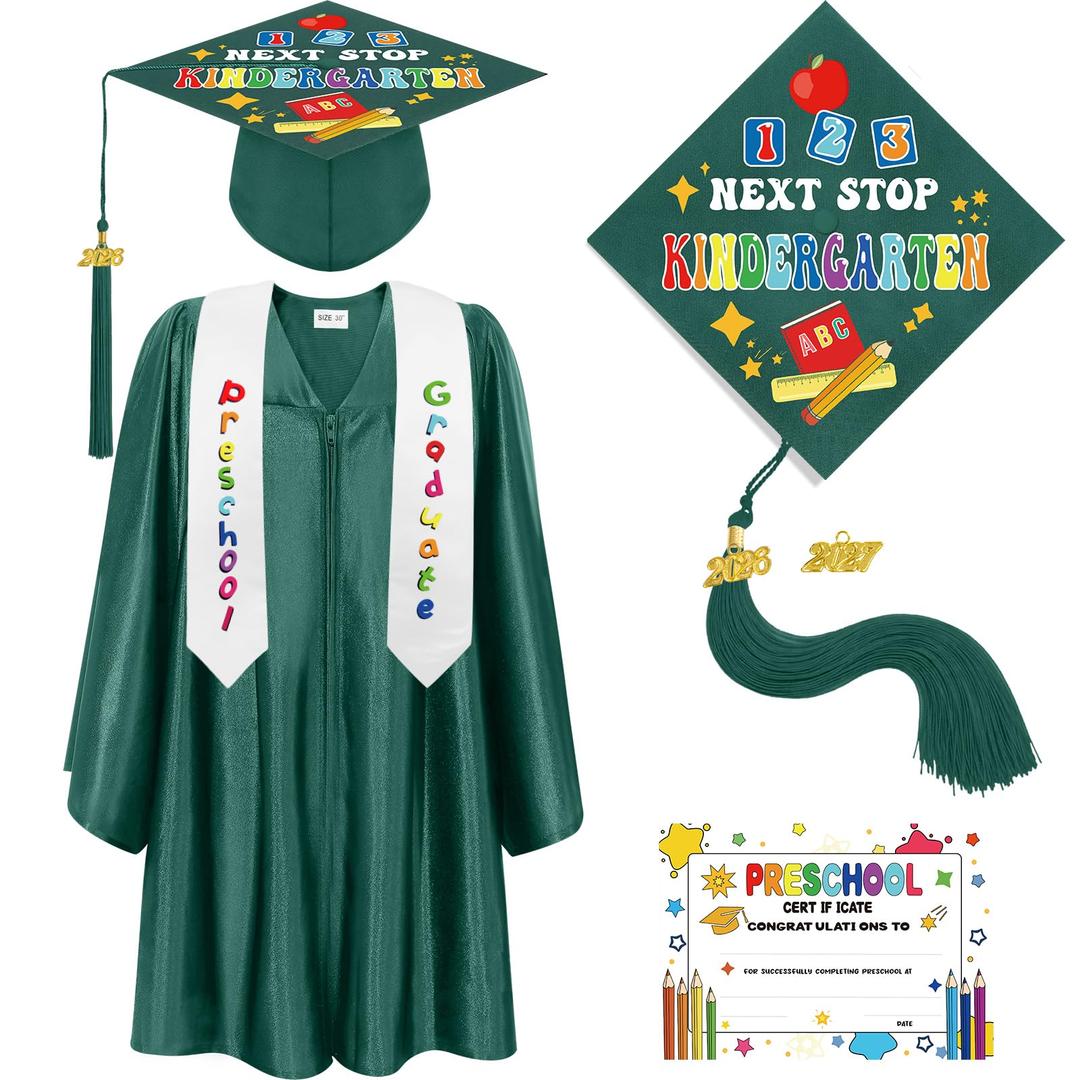 Bokon 4 Pcs 2026 Kindergarten Preschool Graduation Cap and Gown with Tassel Graduation Stole and Certificate for Toddler Kids(24,Green)