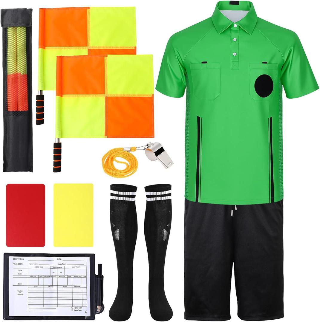 Soccer Referee Jersey, 7PCs Soccer Referee Kit, Referee Cards, Whistle, Socks, Flags, Soccer Referee Costume for Adult (Green, S)