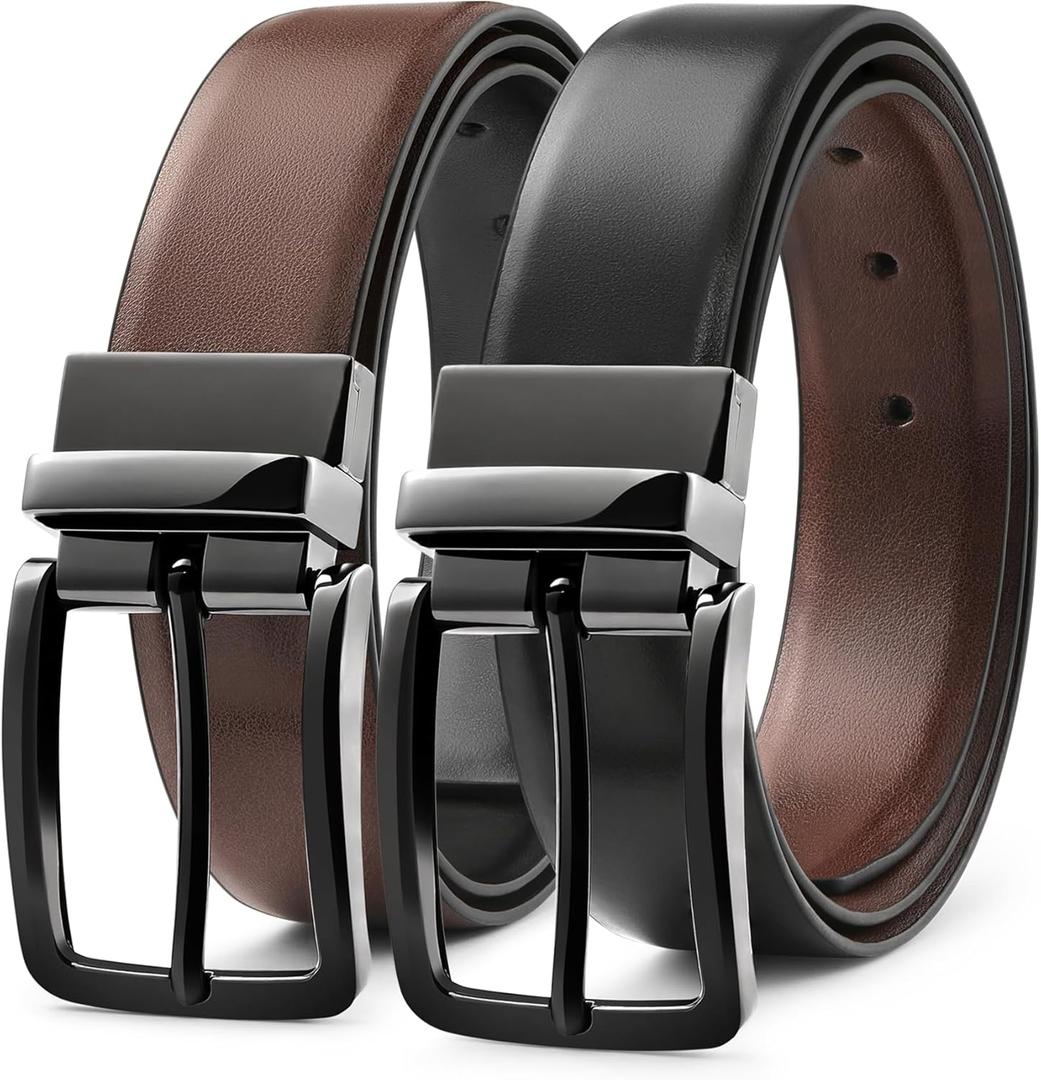 MILORDE Reversible Belt for Men - Adjustable Size - Premium Leather - Double Style in One Belt (34 (Fits Waist 32"-33"Adjustable), Black/Brown - M901)