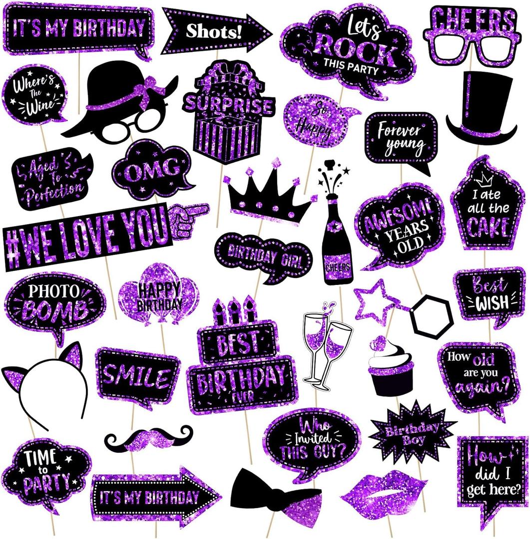 Outus 36 Pcs Birthday Photo Booth Props Kit Happy Birthday 40th- 50th-60th Photobooth Graduation Wedding New Year Party Decor Funny Cute Prom Disco Mardi Gras Holiday Supplies(Purple and Black)