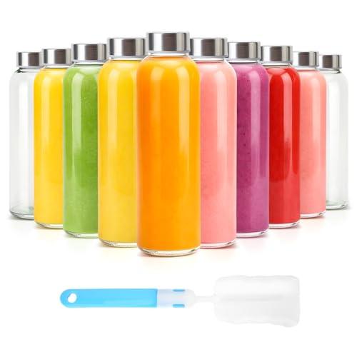 Clear Glass Bottles with Lids, 18oz Reusable with Stainless Steel Cap for Refrigerator, Juice, 100% Leakproof, BPA Free, Water Bottles (10 Pack)