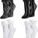 Womens Lace Ankle Socks Ruffle Frilly Dress Socks Sexy Mesh Lace Trim Lolita Sock Lacy Ruffled Bootie Sock for Woman (2 Pairs White + 2 Pairs Black), 5-11